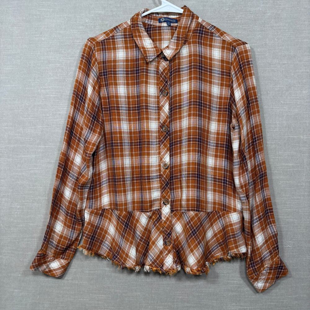 Democracy Brown White Plaid Fringe Button Shirt Small Western Boho Cottagecore